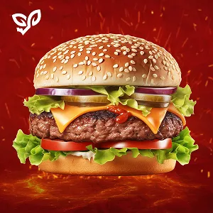 Hamburguesa completa con queso, lechuga y tomate, aplicación del condimento