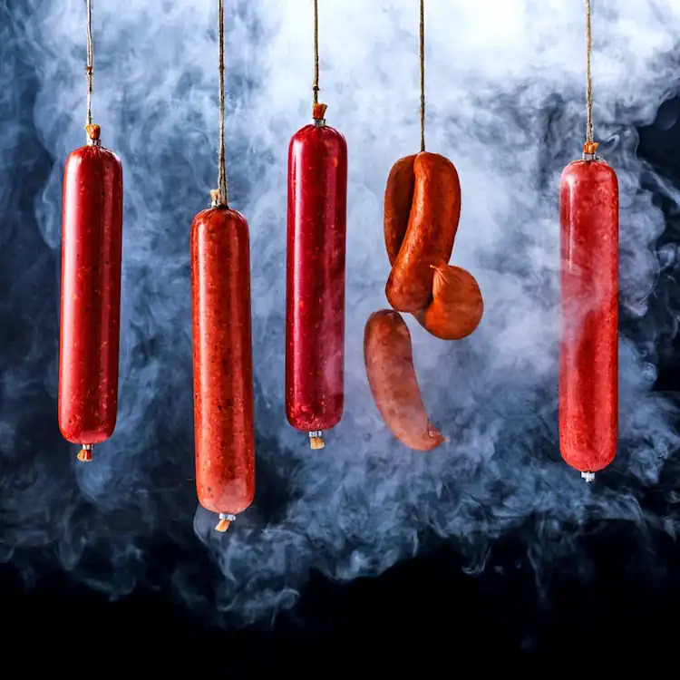Embutidos colgando entre humo denso durante el ahumado