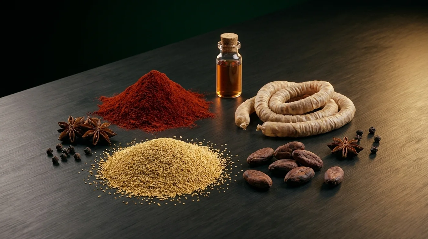 Especímenes de materia prima: pimentón, levadura, tripas naturales, cacao en grano y humo líquido sobre grafito